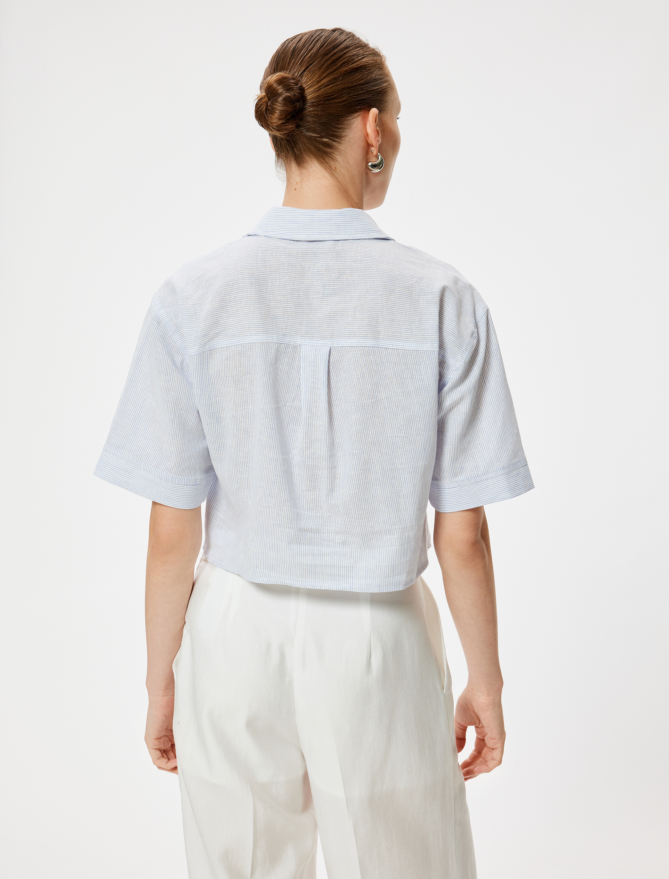   Keten Karışımlı Crop Gömlek Kısa Kollu Kapaklı Cep Detaylı