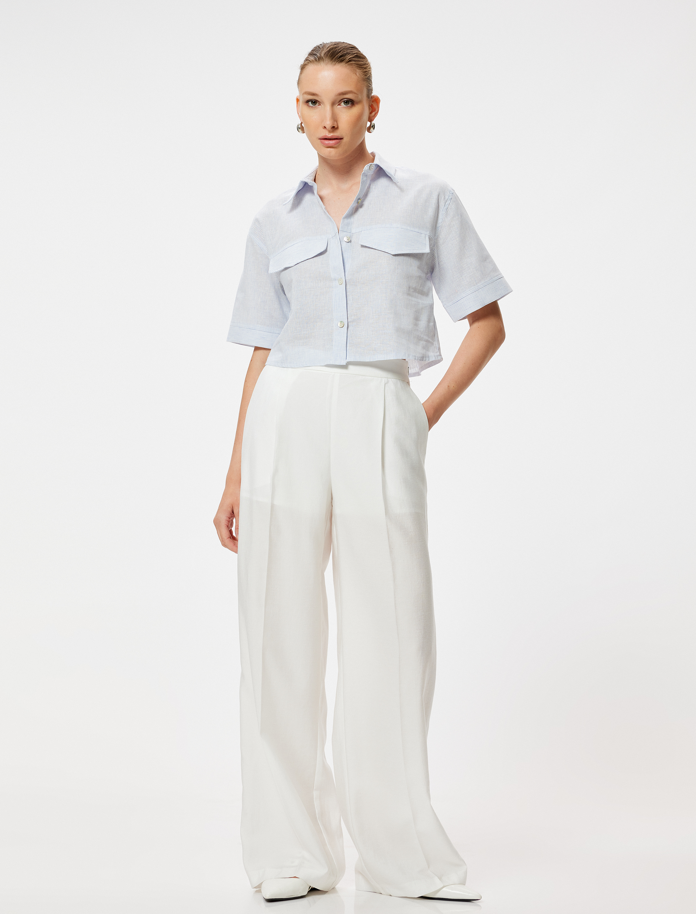   Keten Karışımlı Crop Gömlek Kısa Kollu Kapaklı Cep Detaylı