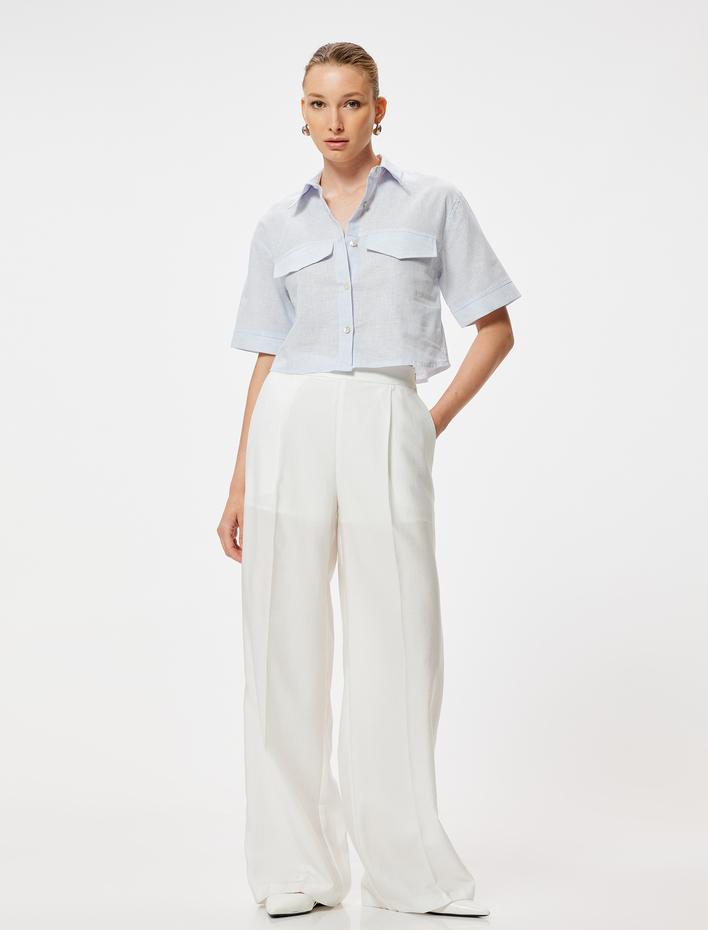  Keten Karışımlı Crop Gömlek Kısa Kollu Kapaklı Cep Detaylı