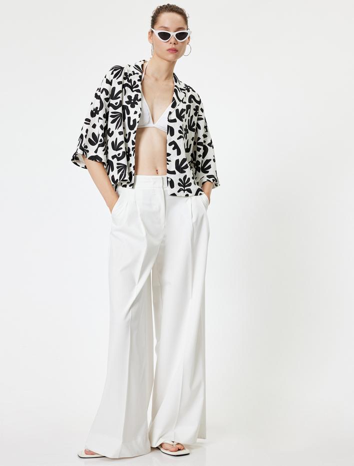  Crop Gömlek Keten Karışımlı Kısa Kollu Etnik Detaylı Devrik Yaka Düğmeli