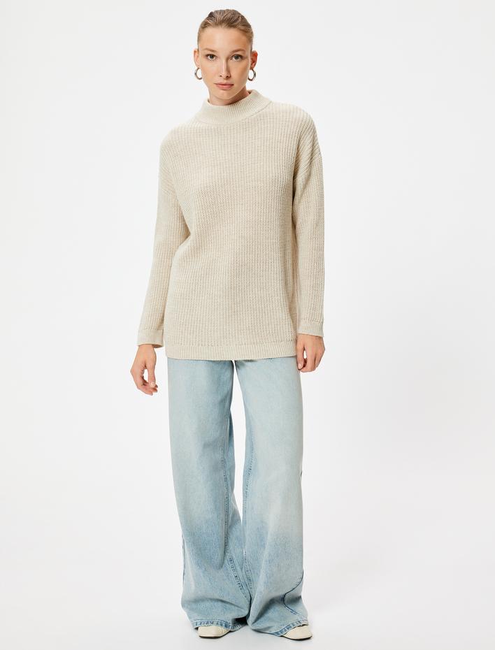  Oversize Triko Kazak Kalça Boy Dik Yaka Uzun Kollu Yumuşak Dokulu