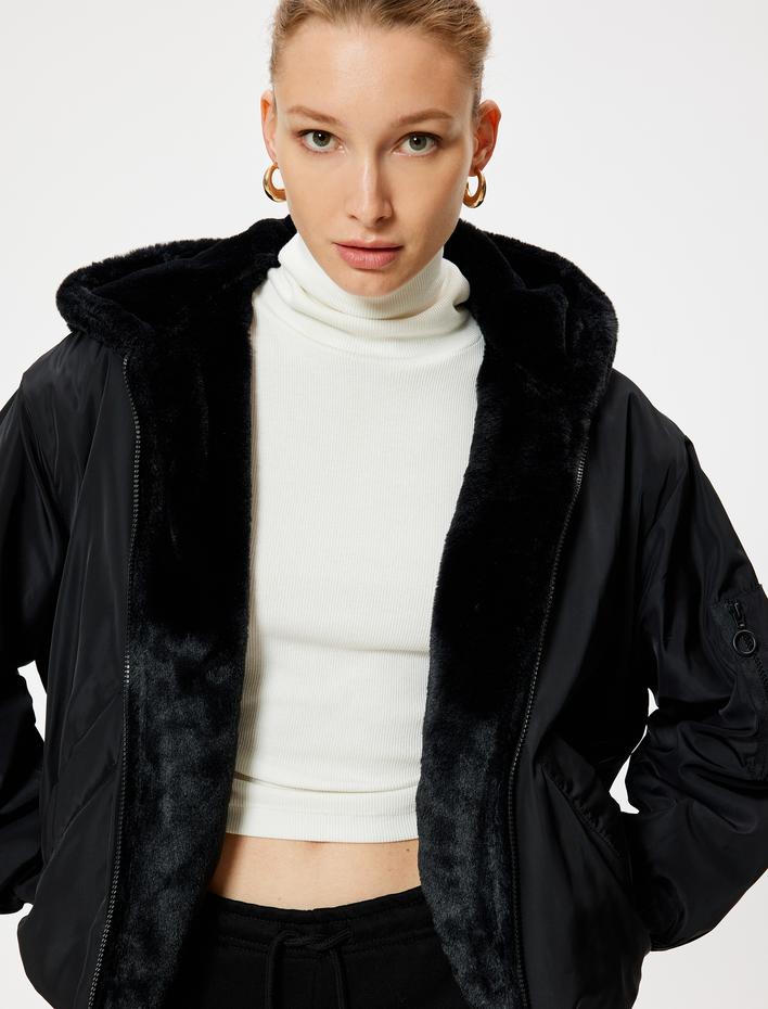  Fermuarlı Kapüşonlu İçi Suni Kürklü Oversize Bomber Şişme Mont