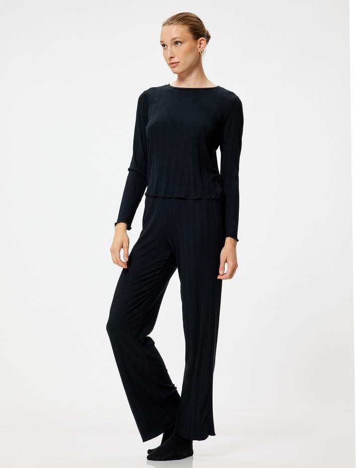  Modal Pijama Altı Düz Paça Dokulu Standart Bel Lastikli