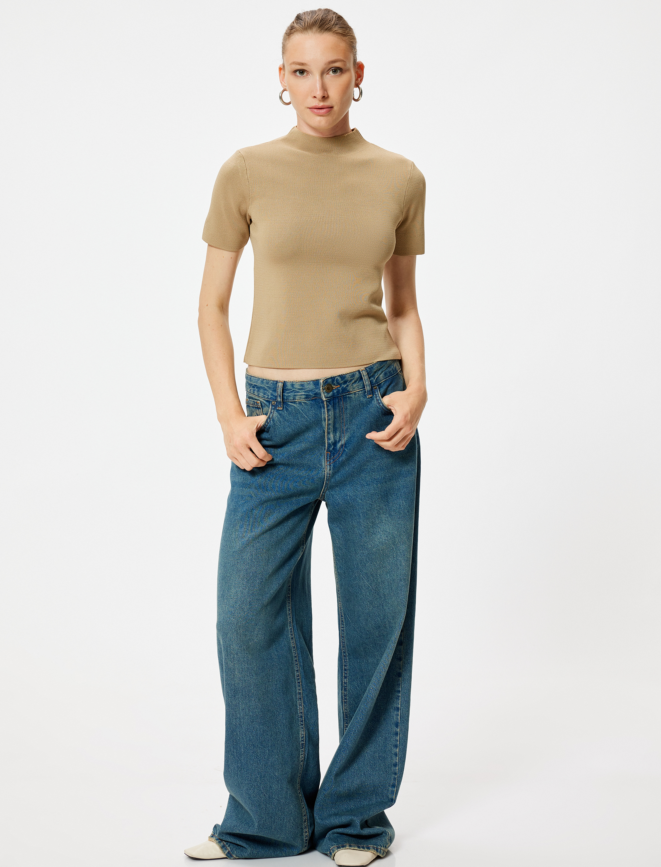   Kısa Kollu Basic Triko Kazak Dik Yaka