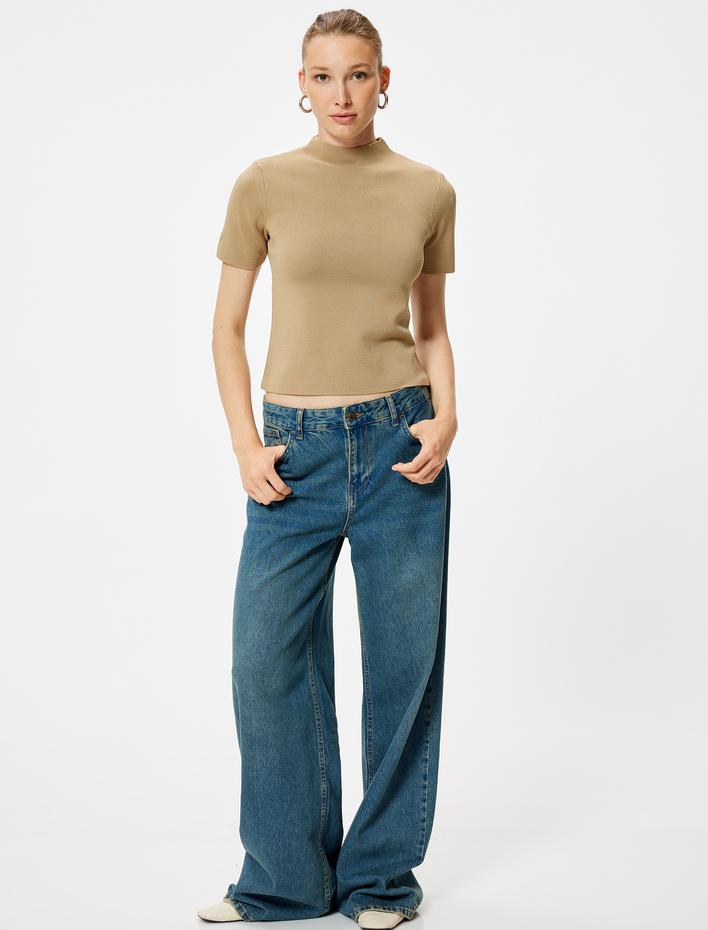  Kısa Kollu Basic Triko Kazak Dik Yaka