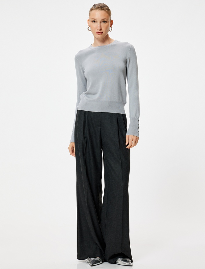  Basic Triko Kazak Düğme Detaylı Uzun Kollu Yuvarlak Yaka