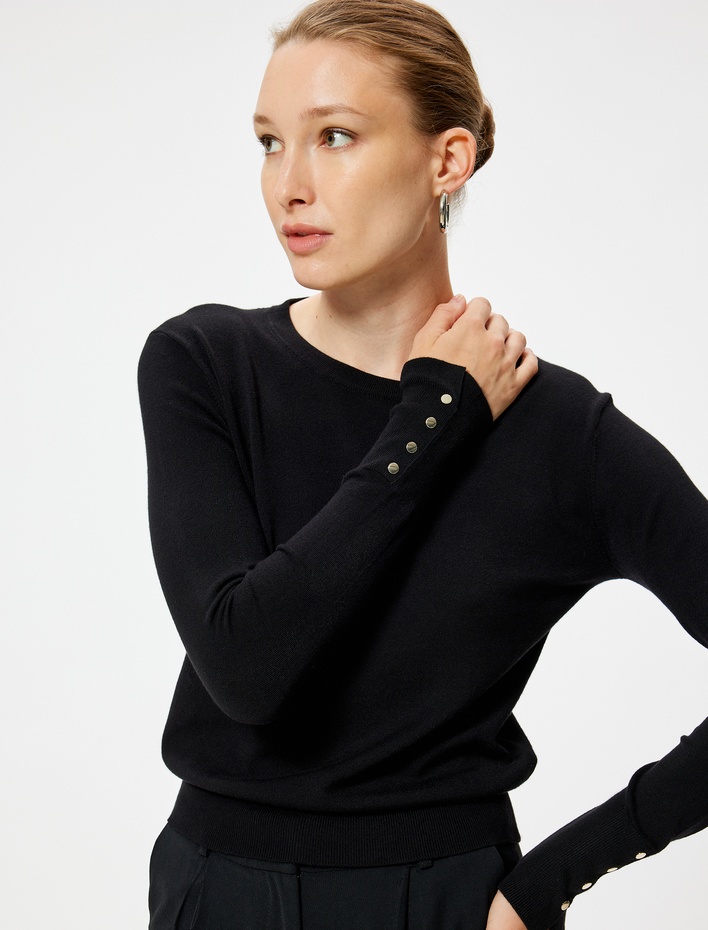  Basic Triko Kazak Düğme Detaylı Uzun Kollu Yuvarlak Yaka