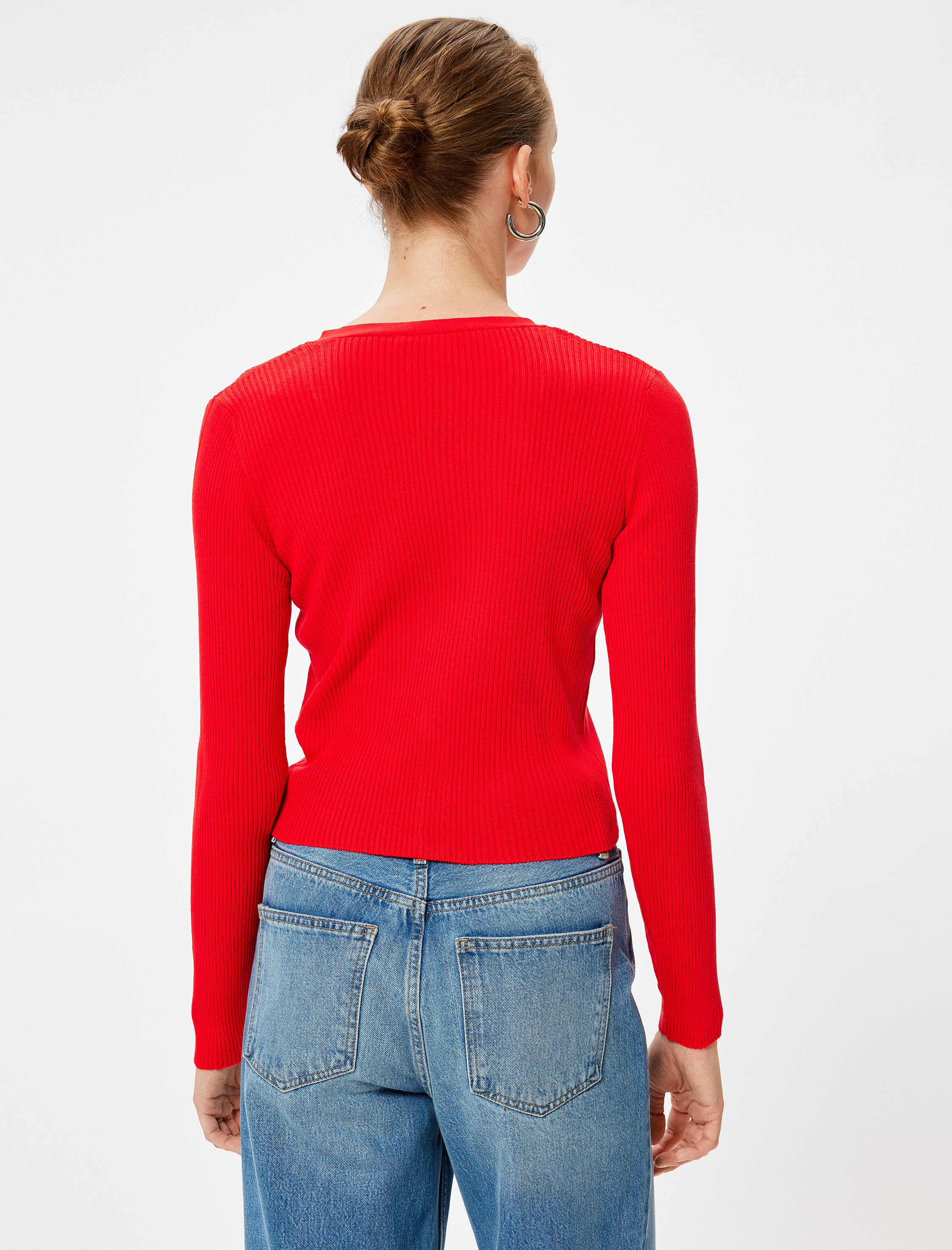   V Yaka Fitilli Uzun Kollu Düğmeli Triko Hırka