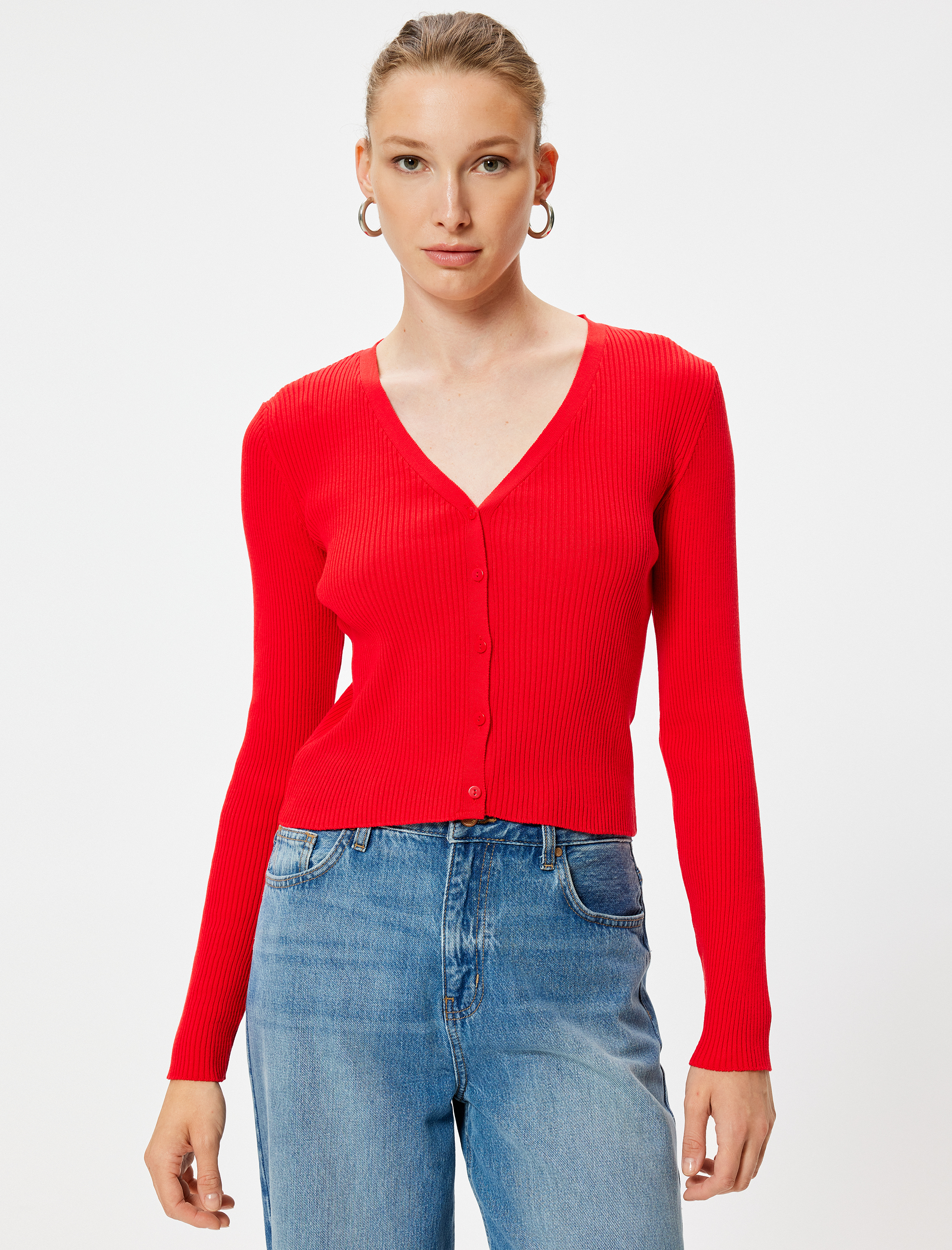   V Yaka Fitilli Uzun Kollu Düğmeli Triko Hırka