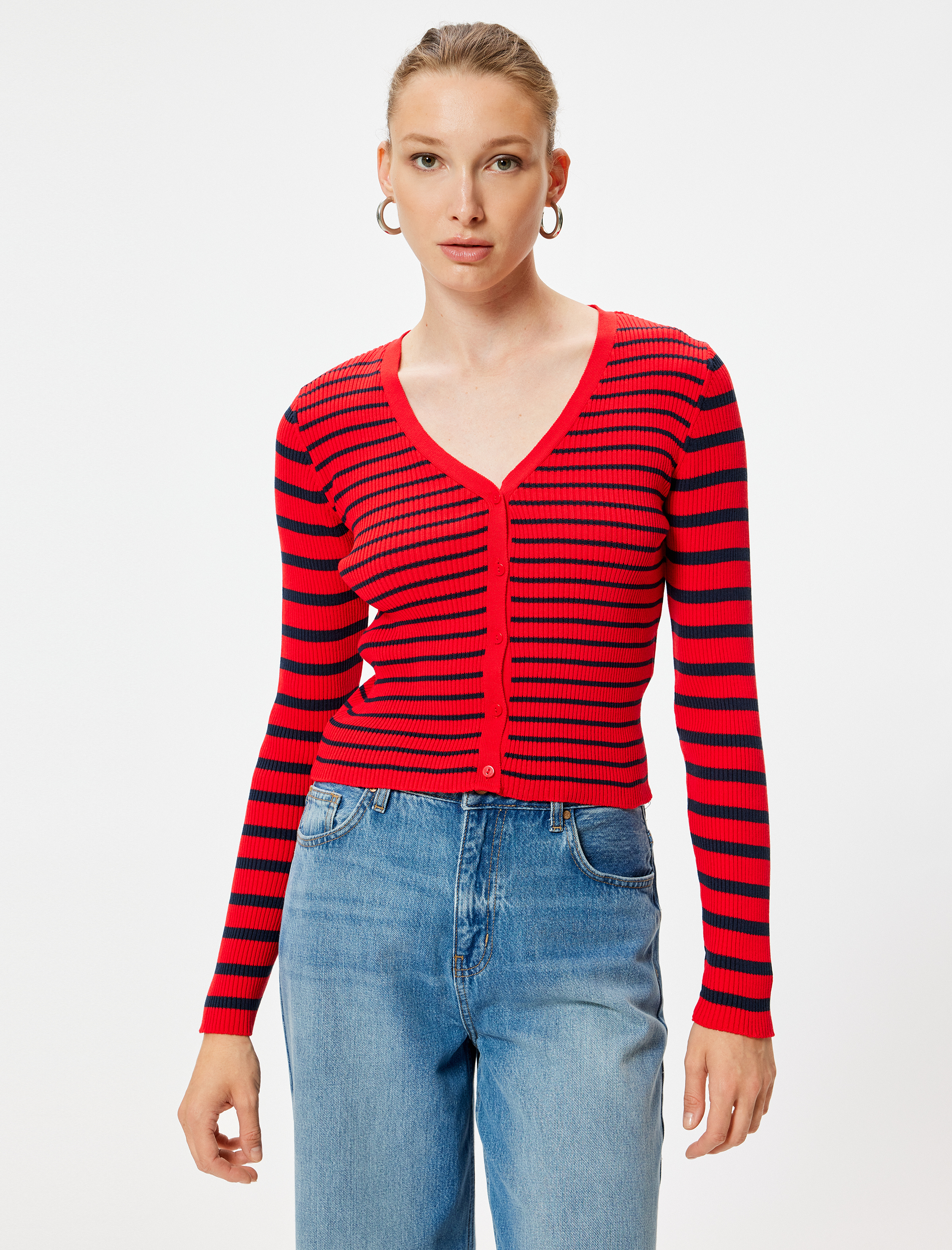   V Yaka Fitilli Uzun Kollu Düğmeli Triko Hırka