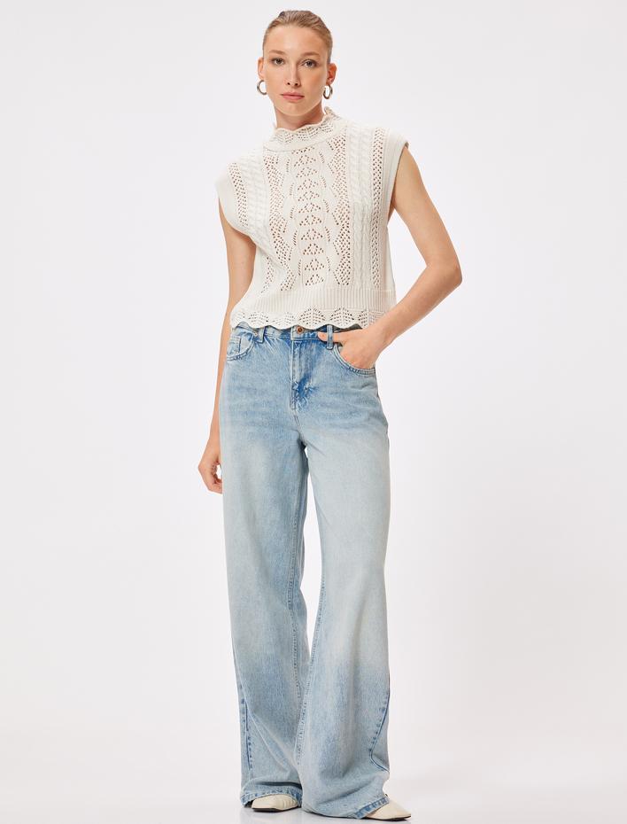  Dik Yaka Kolsuz Ajurlu Örgü Süveter