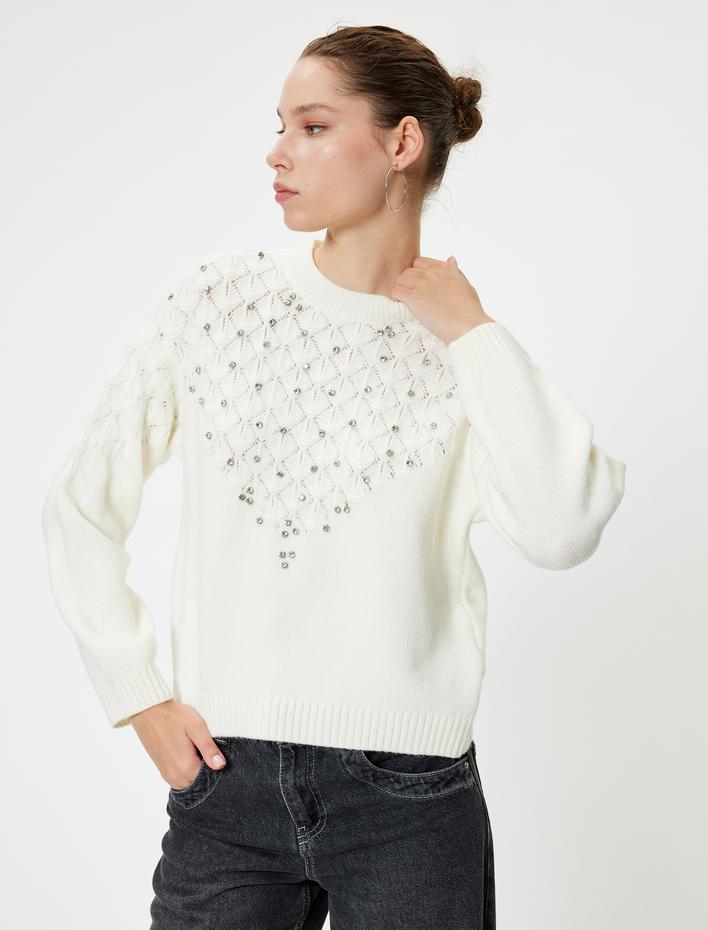  Bisiklet Yaka Triko Kazak Taş Detaylı Uzun Kollu