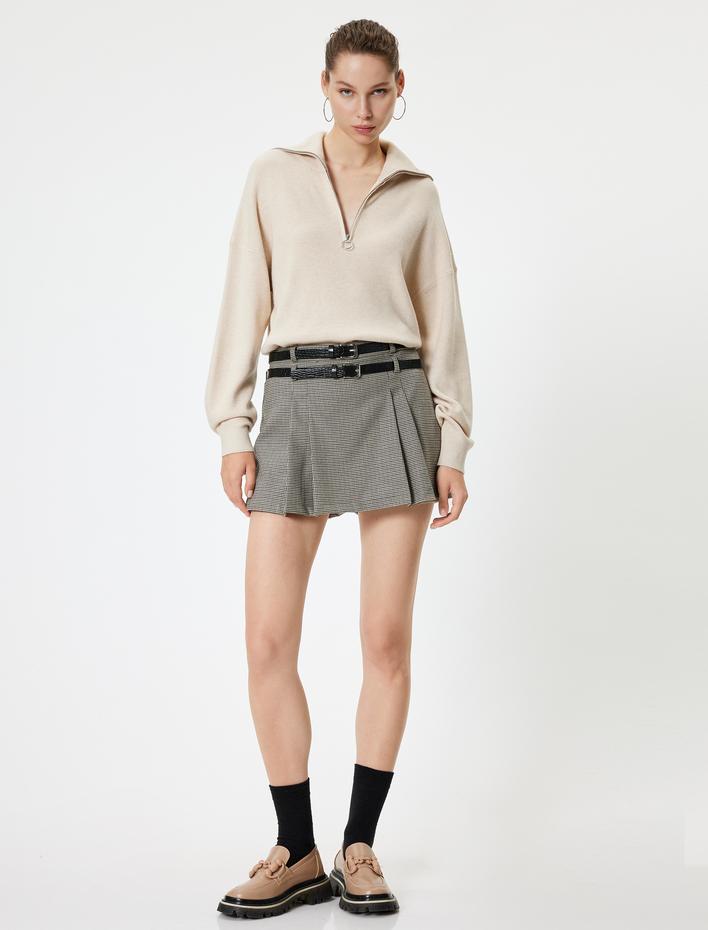  Yarım Fermuarlı Kazak Dik Yaka Uzun Kollu Metal Aksesuarlı