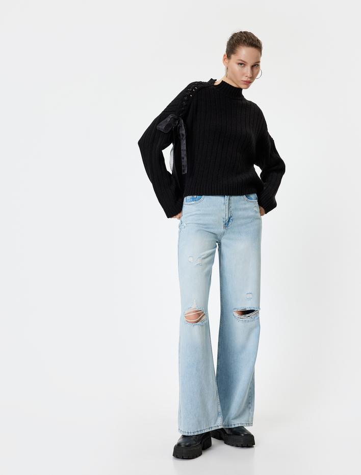  Dik Yaka Kazak Kurdele Detaylı Örgü Motifli Uzun Kollu