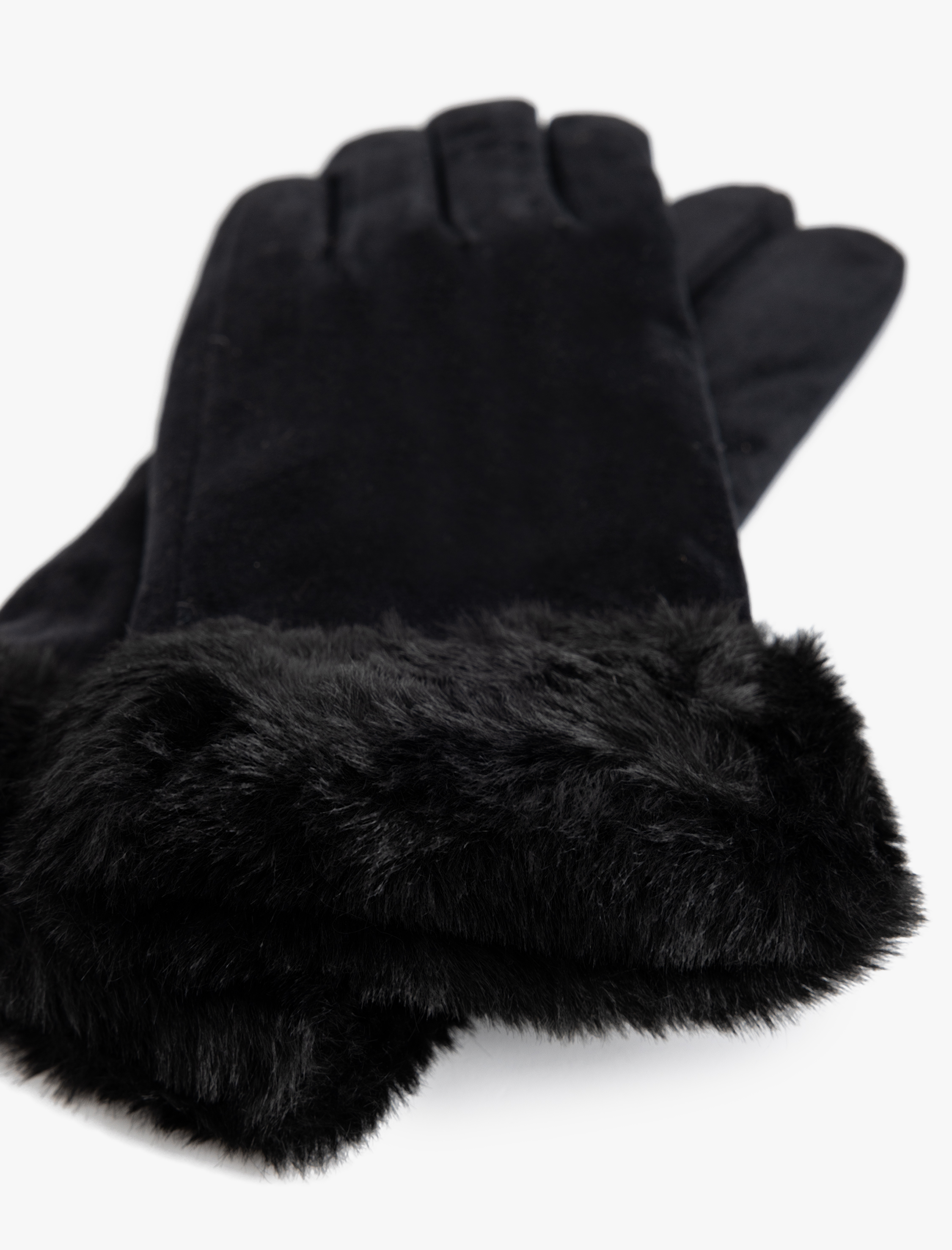 Kadın Süet Görünümlü Eldiven Suni Kürk Detaylı