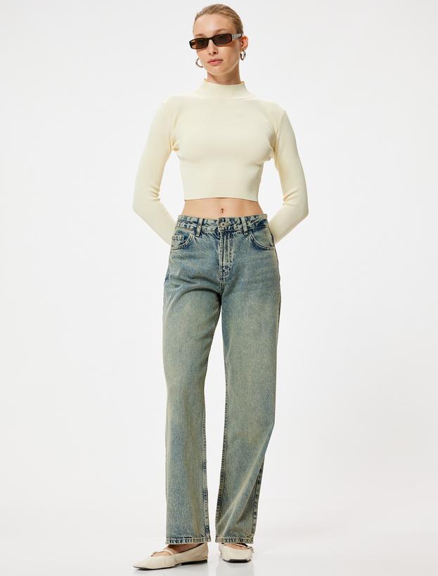 Düz Paça Kot Pantolon Düğmeli - Eve Straight Jeans_1