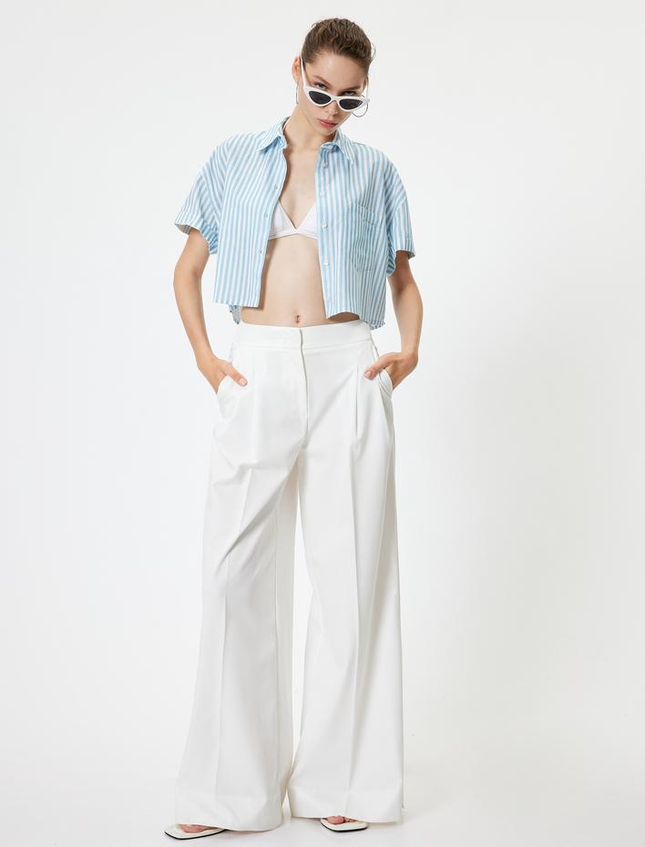  Crop Gömlek Cep Detaylı Kısa Kollu Düğmeli Klasik Yaka