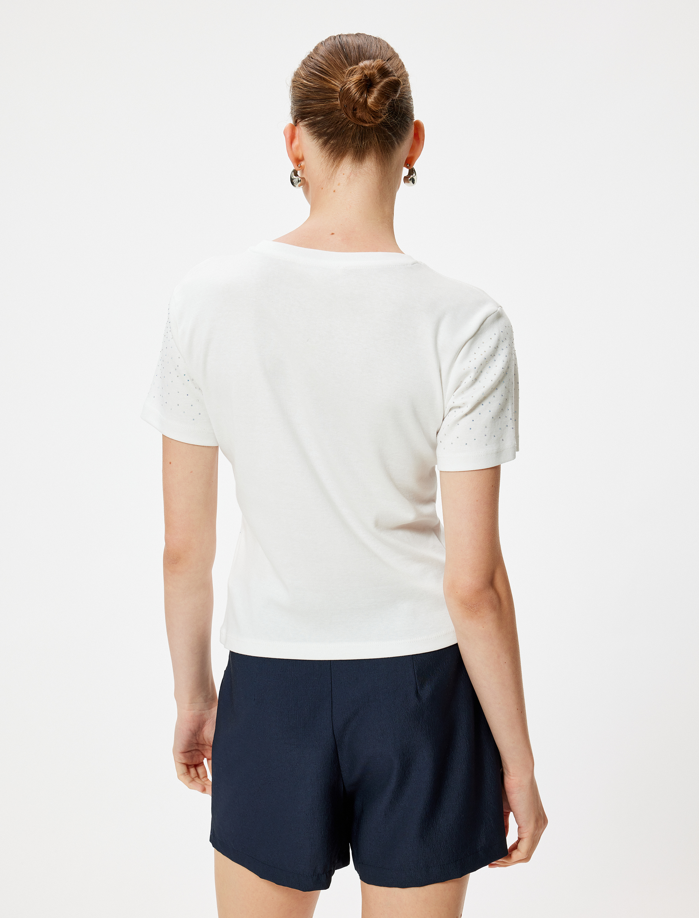   Taşlı Tişört Kısa Kollu Bisiklet Yaka Pamuklu Skinny Fit