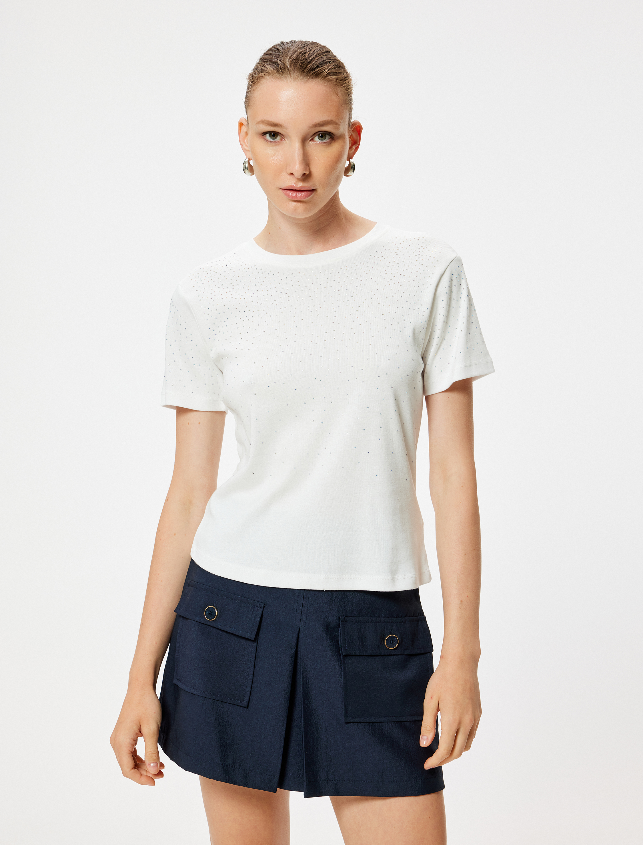   Taşlı Tişört Kısa Kollu Bisiklet Yaka Pamuklu Skinny Fit