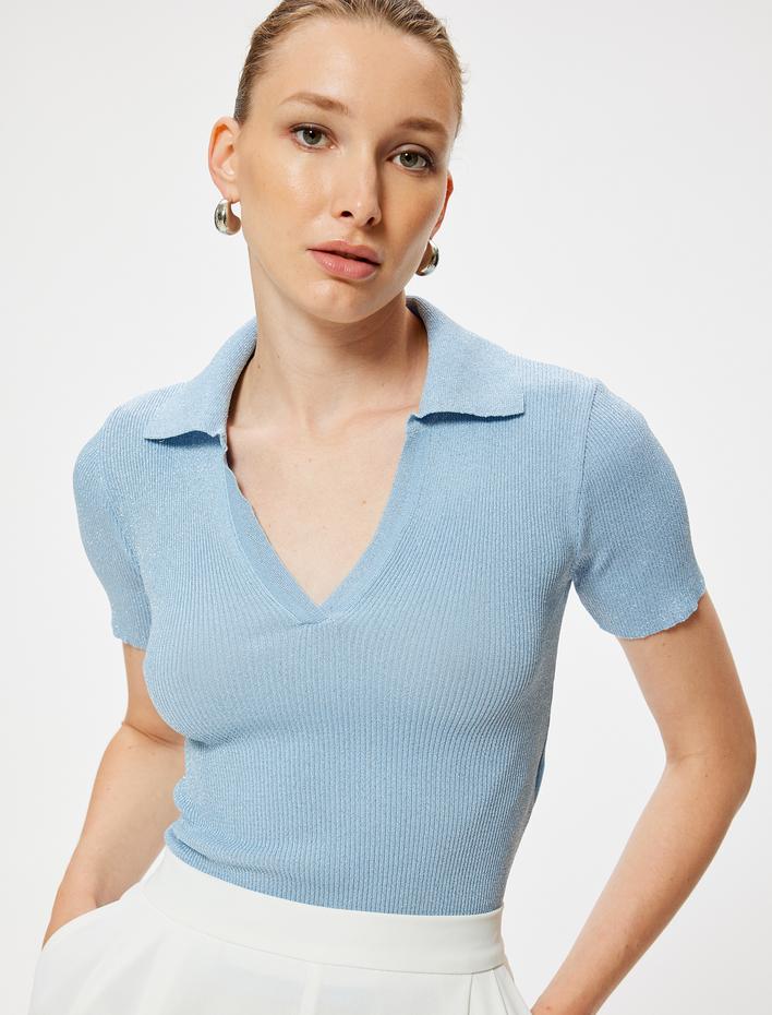  Parıltılı Polo Yaka Triko Kazak Kısa Kollu