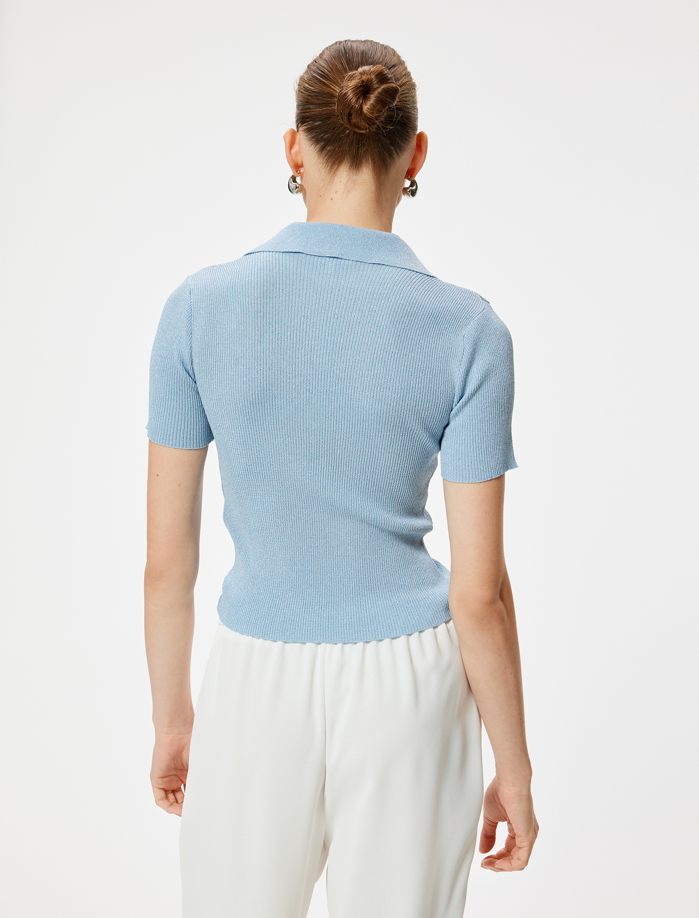   Parıltılı Polo Yaka Triko Kazak Kısa Kollu