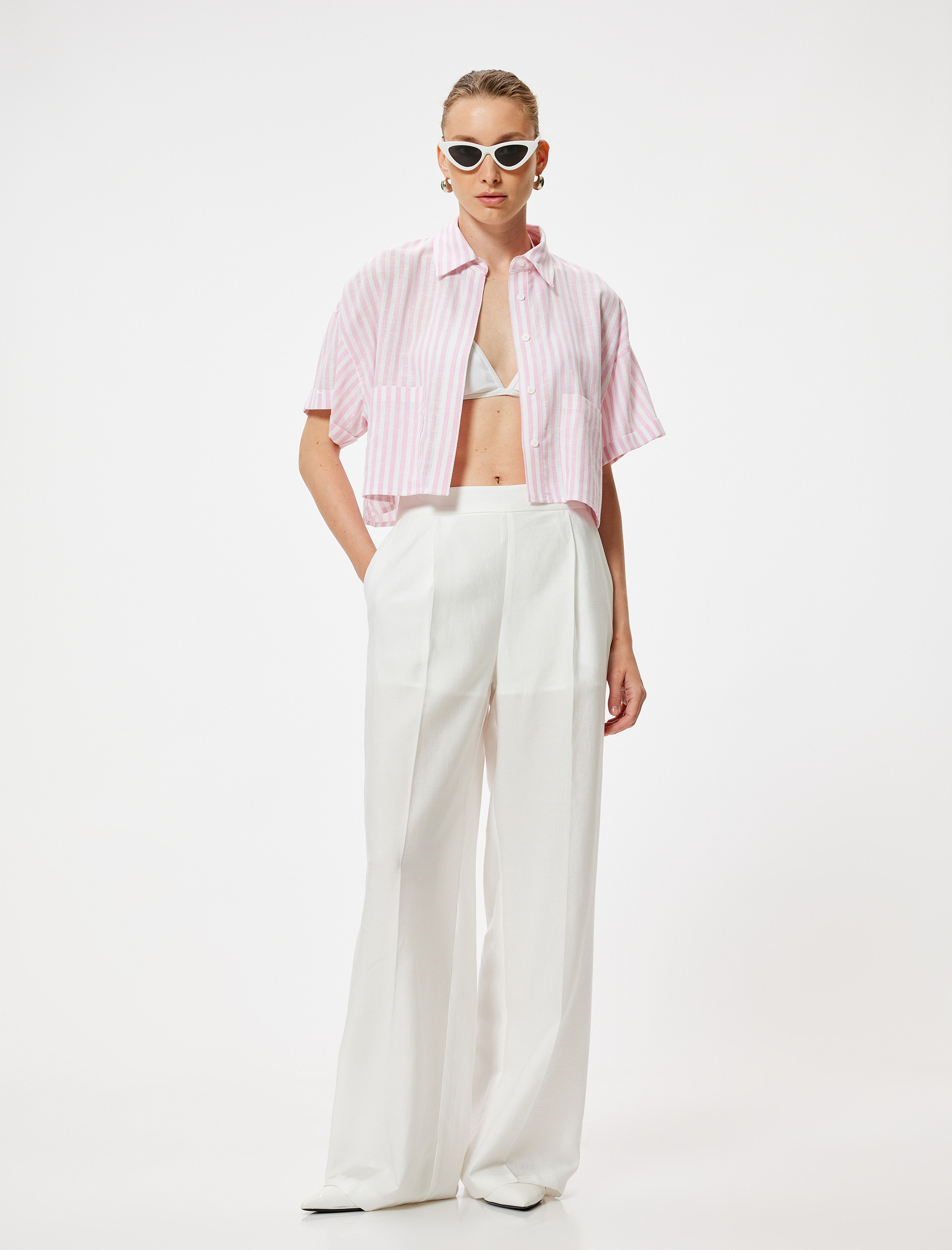   Crop Keten Gömlek Kısa Kollu Cep Detaylı Rahat Kalıp