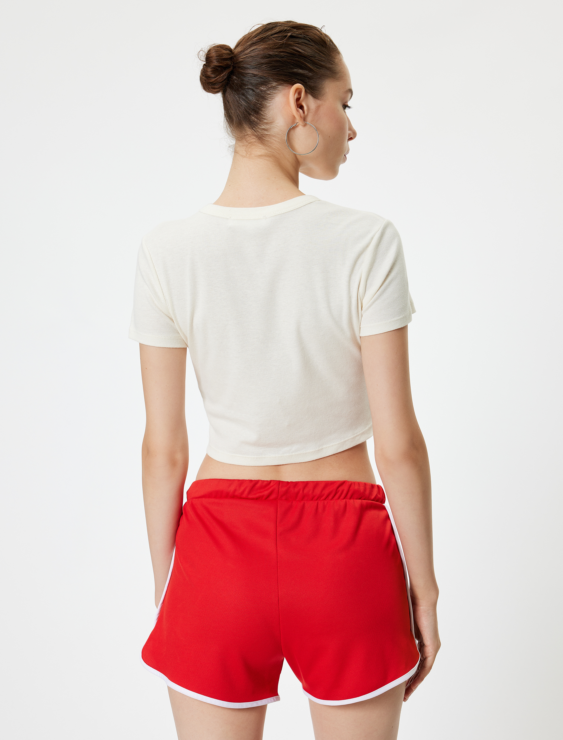   Crop Tişört Slogan Baskılı Bisiklet Yaka Kısa Kollu Pamuklu