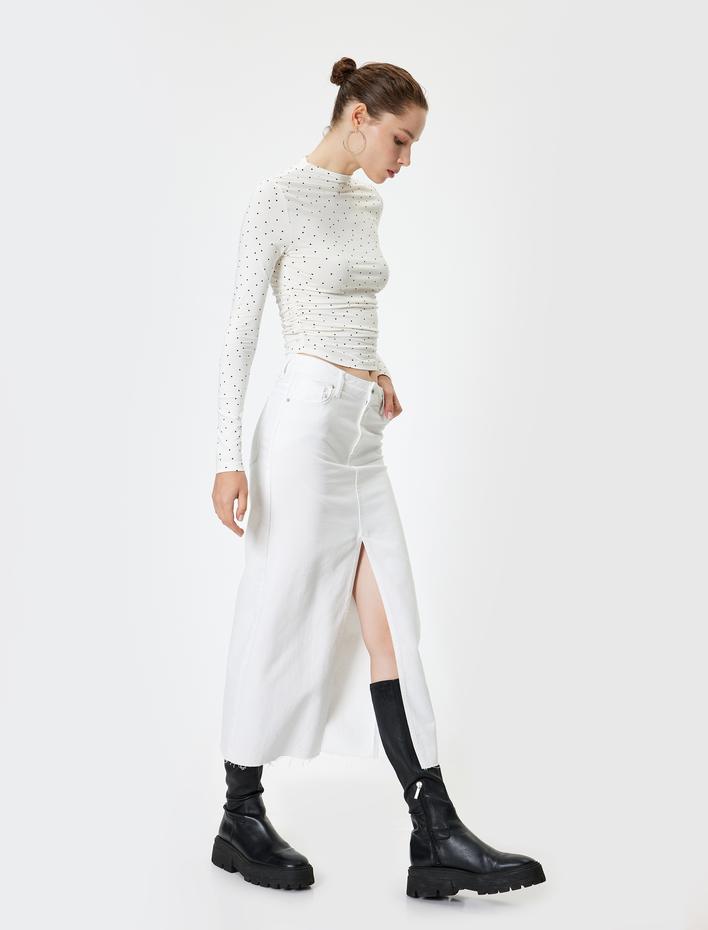  Puantiyeli Tişört Uzun Kollu Dik Yaka Slim Fit Drapeli