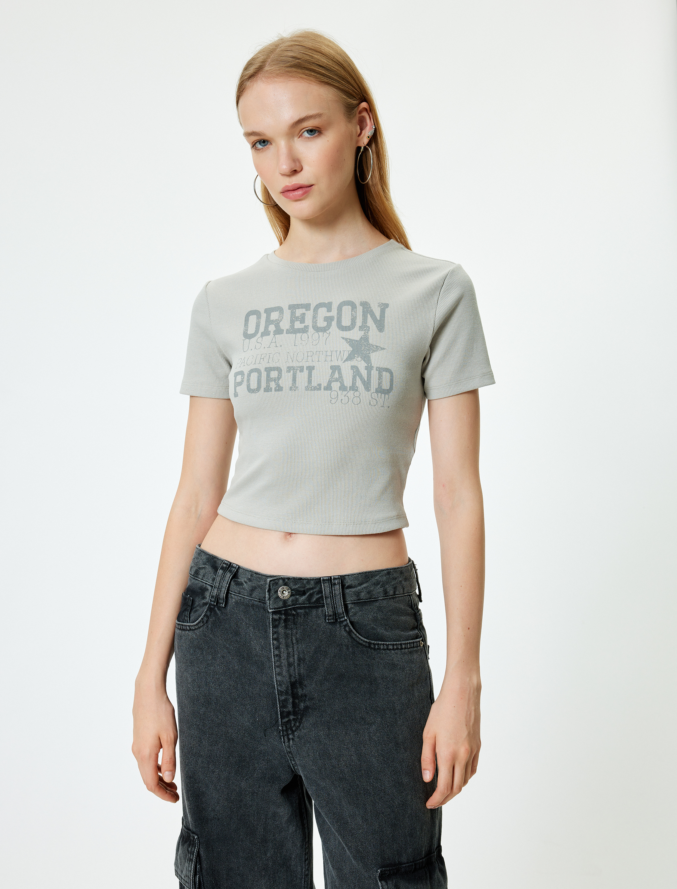   Slogan Baskılı Bisiklet Yaka Kısa Kollu Crop Tişört