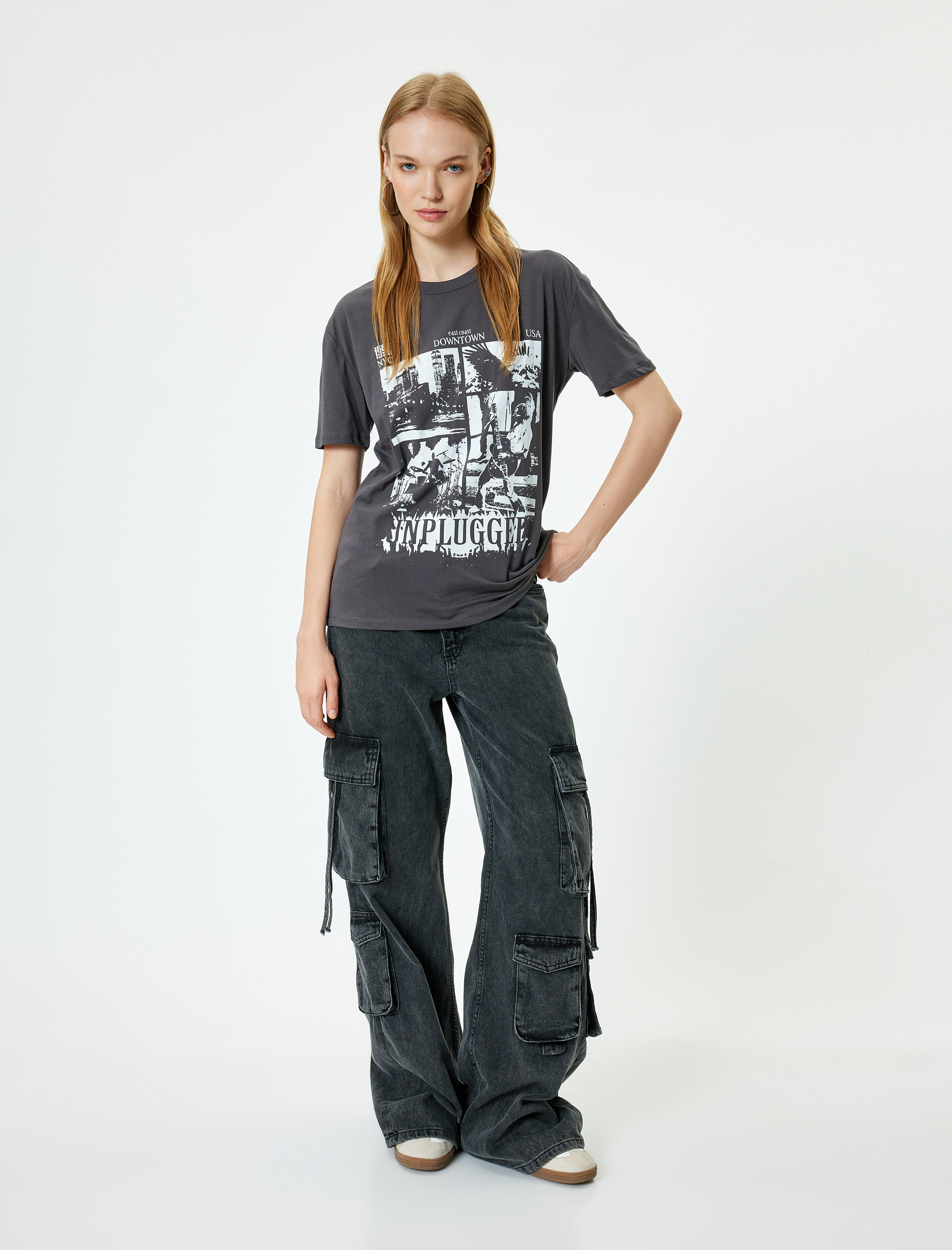 Oversize Tişört Slogan Baskılı Bisiklet Yaka Kısa Kollu Pamuklu