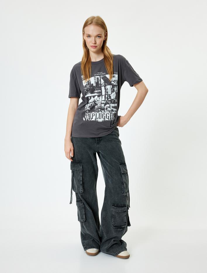  Oversize Tişört Slogan Baskılı Bisiklet Yaka Kısa Kollu Pamuklu