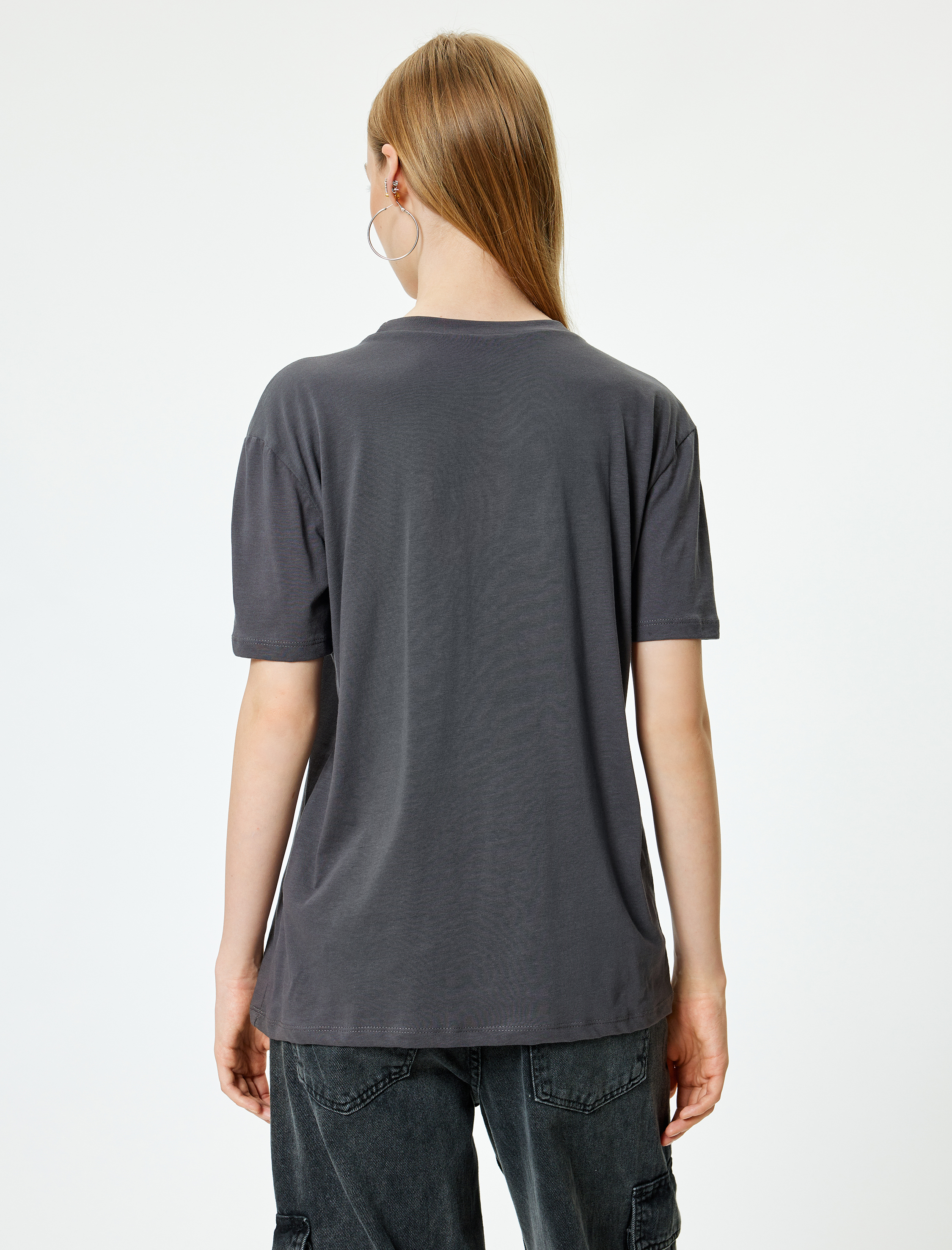 Oversize Tişört Slogan Baskılı Bisiklet Yaka Kısa Kollu Pamuklu