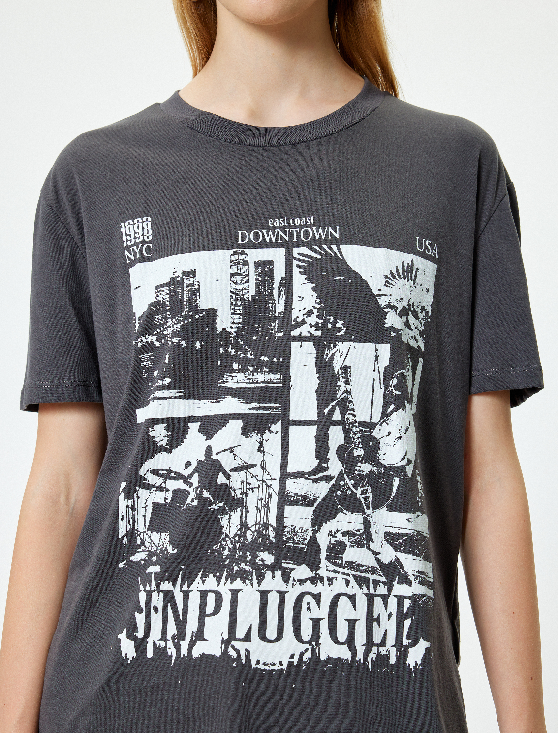 Oversize Tişört Slogan Baskılı Bisiklet Yaka Kısa Kollu Pamuklu