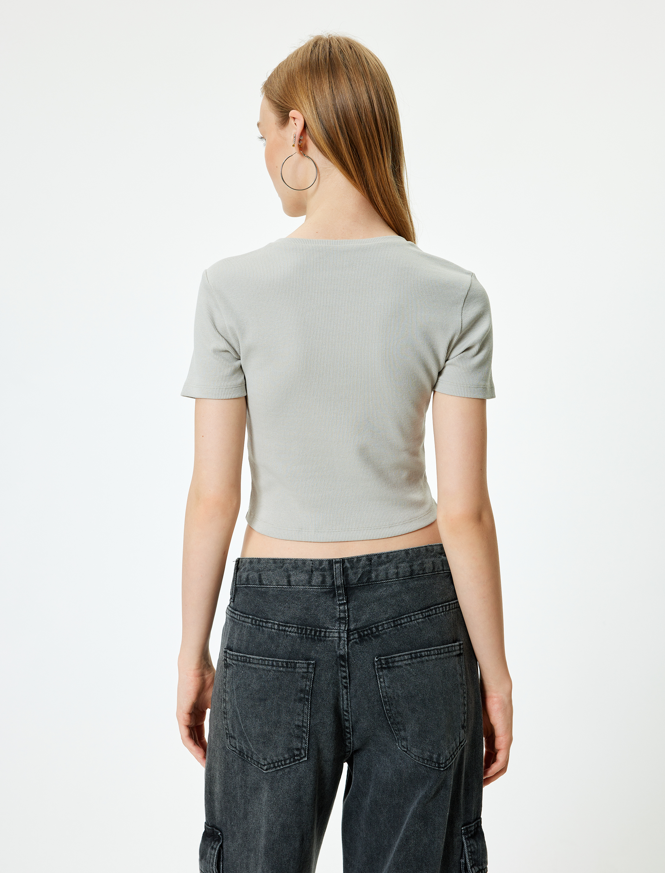   Slogan Baskılı Bisiklet Yaka Kısa Kollu Crop Tişört