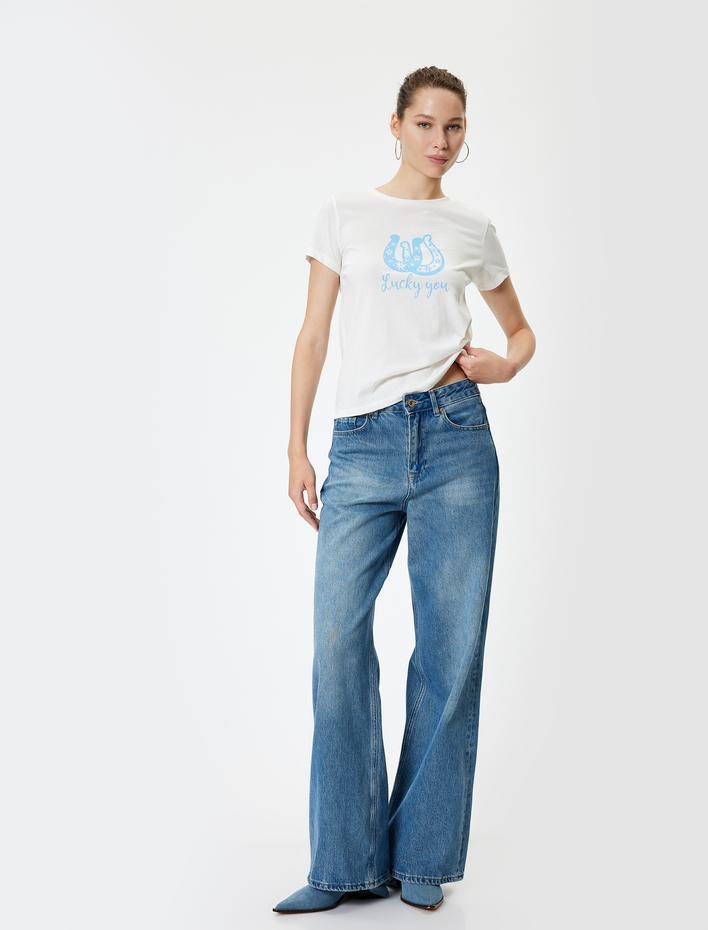  Slogan Baskılı Tişört Bisiklet Yaka Kısa Kollu Pamuklu