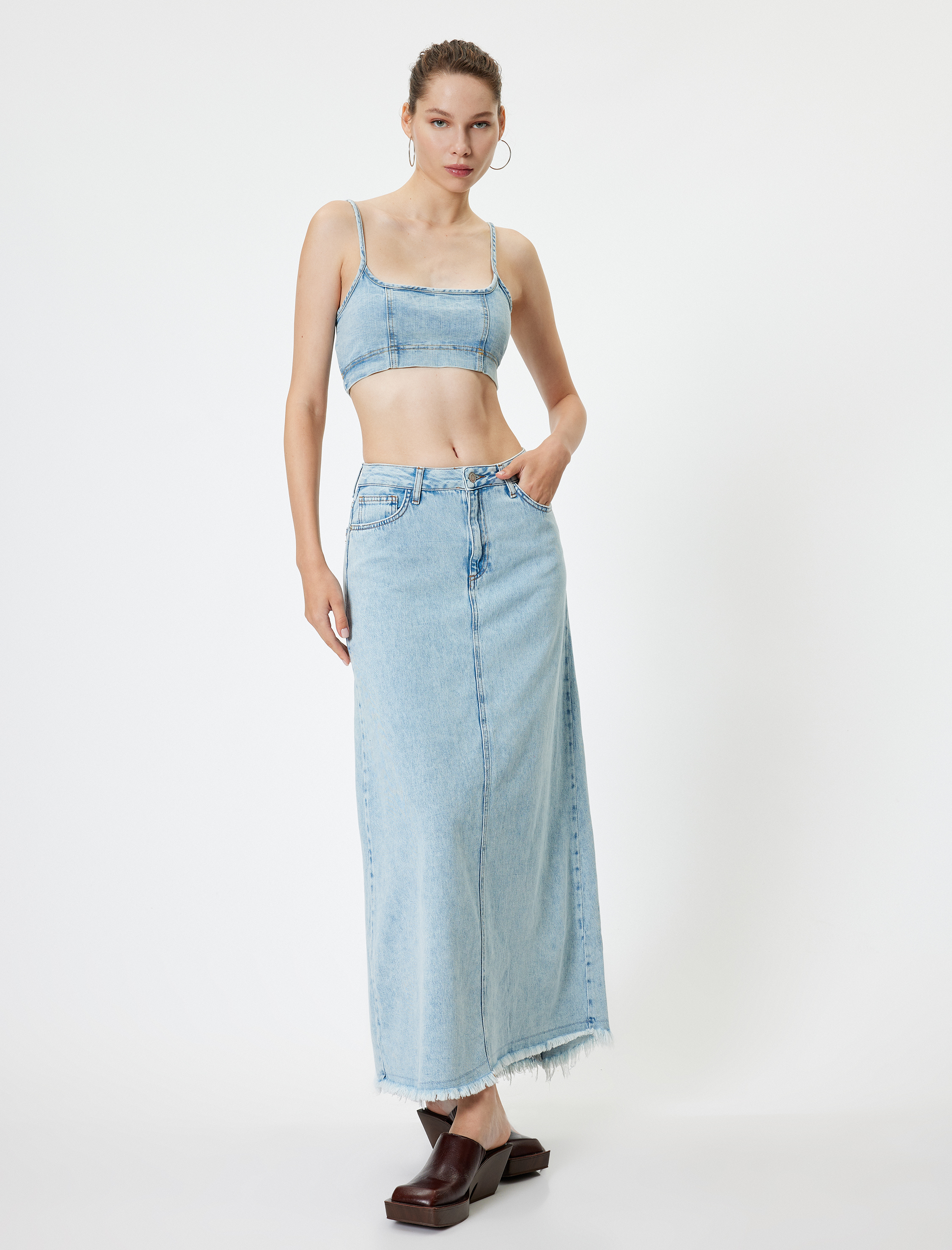   Kot Uzun Etek A Kesim Düğmeli Standart Bel Kesik Püsküllü Paça