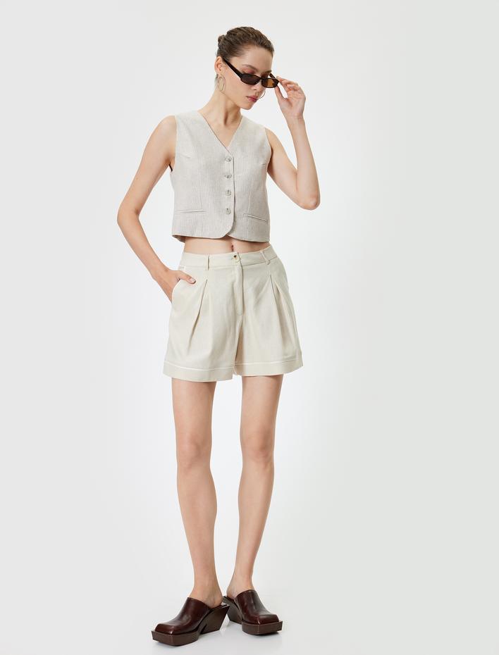  Keten Karışımlı Şort Mini Paçası Katlı Pileli Cep Detaylı Düğmeli