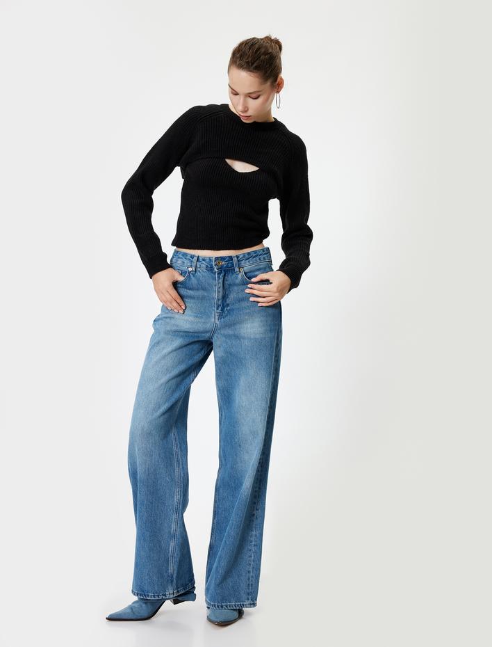  Triko Kazak Pencere Detaylı Bisiklet Yaka Uzun Kollu