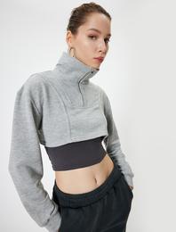 Crop Sweatshirt Atlet Detaylı Yarım Fermuarlı Dik Yaka Uzun Kollu