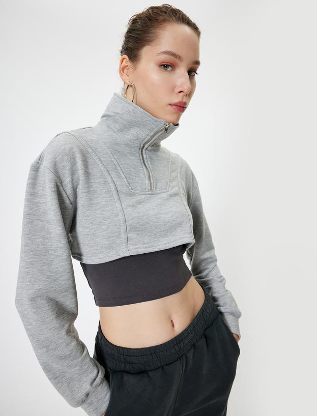 Crop Sweatshirt Oversize Yarım Fermuarlı Dik Yaka Uzun Kollu_0