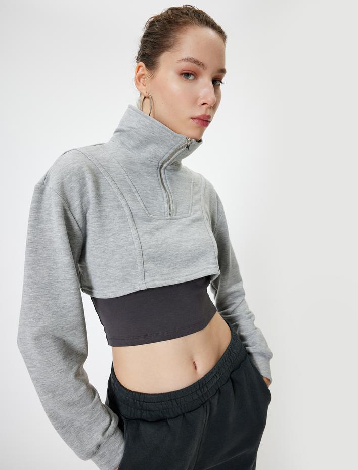  Crop Sweatshirt Atlet Detaylı Yarım Fermuarlı Dik Yaka Uzun Kollu