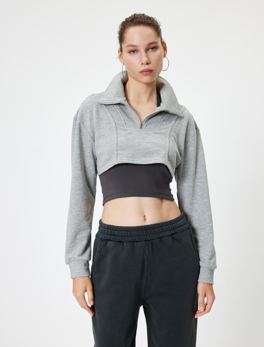   Crop Sweatshirt Atlet Detaylı Yarım Fermuarlı Dik Yaka Uzun Kollu