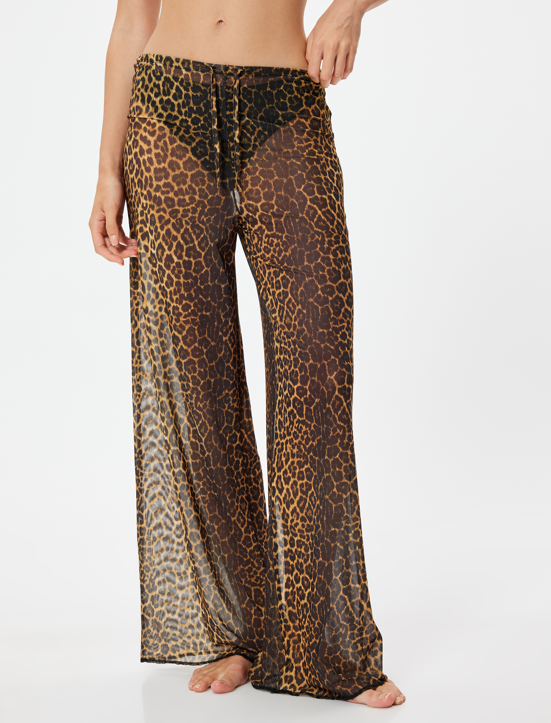   Leopar Desenli Tül Pantolon Pareo Yanları Yırtmaç Detaylı
