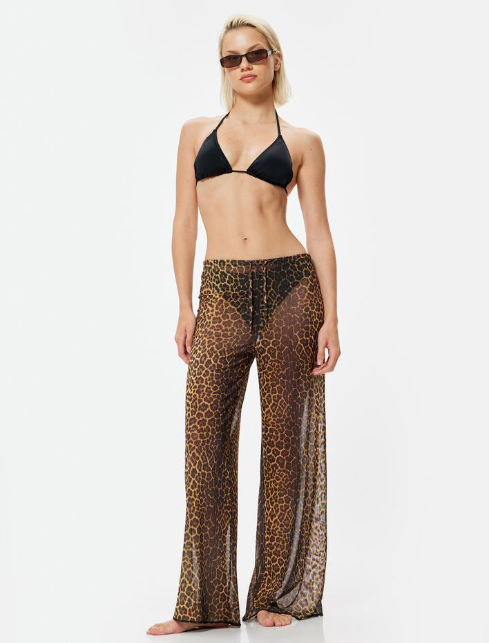  Leopar Desenli Tül Pantolon Pareo Yanları Yırtmaç Detaylı