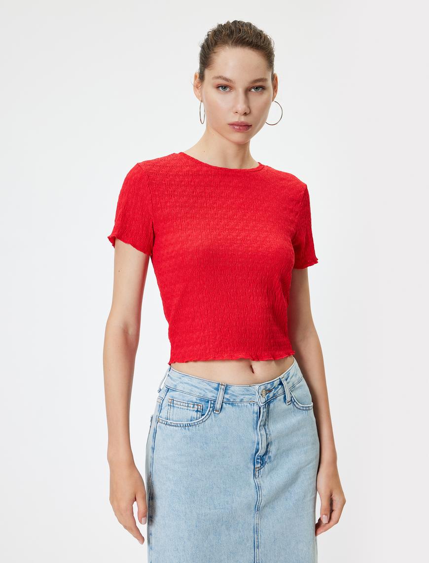   Bürümcük Tişört Crop Kısa Kollu Bisiklet Yaka Slim Fit