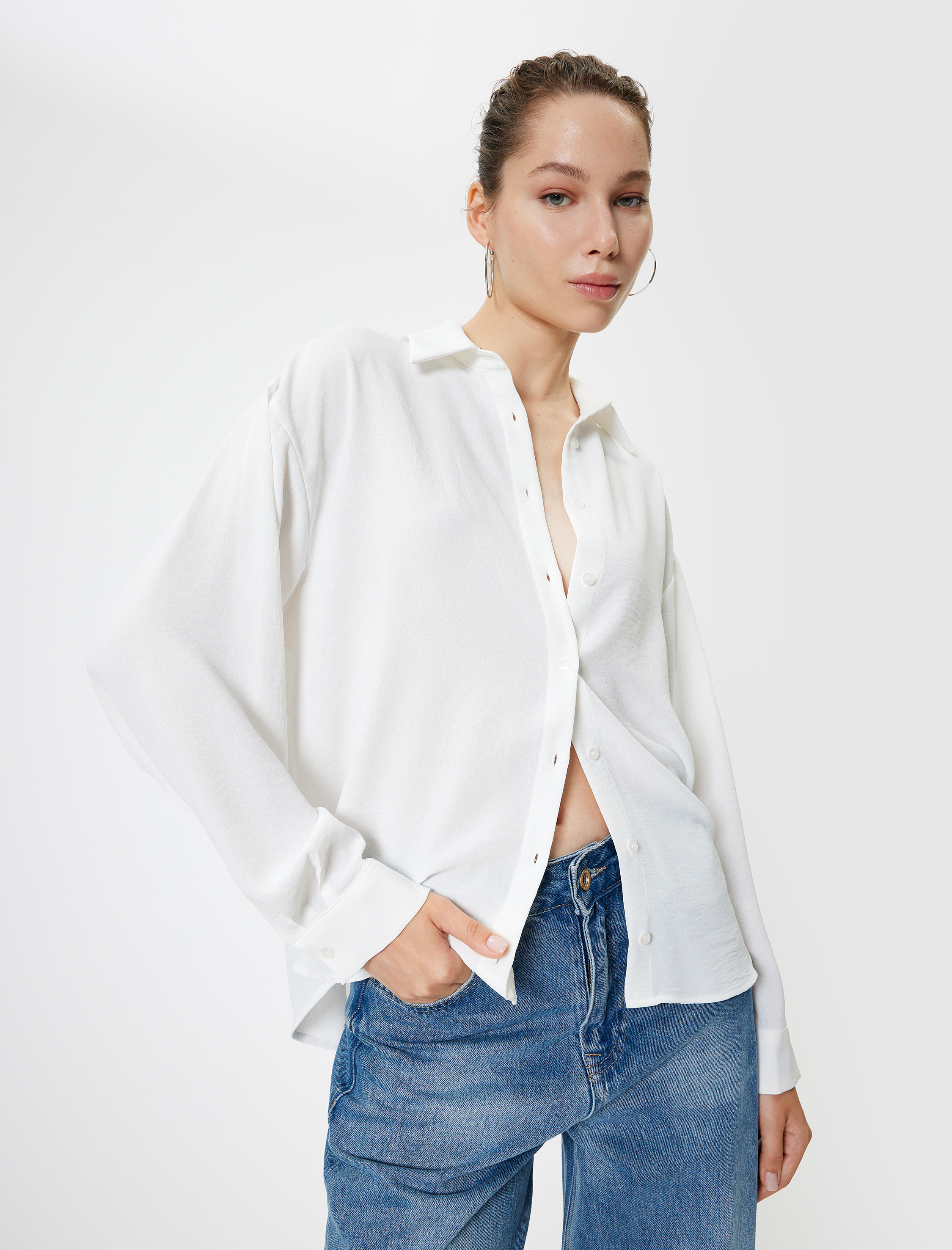   Oversize Gömlek Uzun Kollu Düğmeli Klasik Yaka