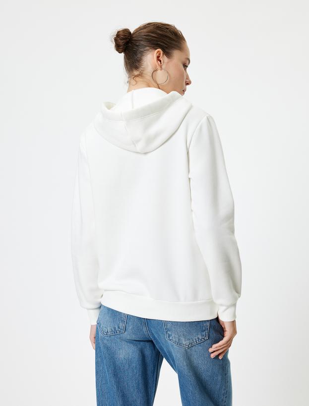 Oversize Kapüşonlu Sweatshirt Cep Detaylı Kedi Nakışlı_3