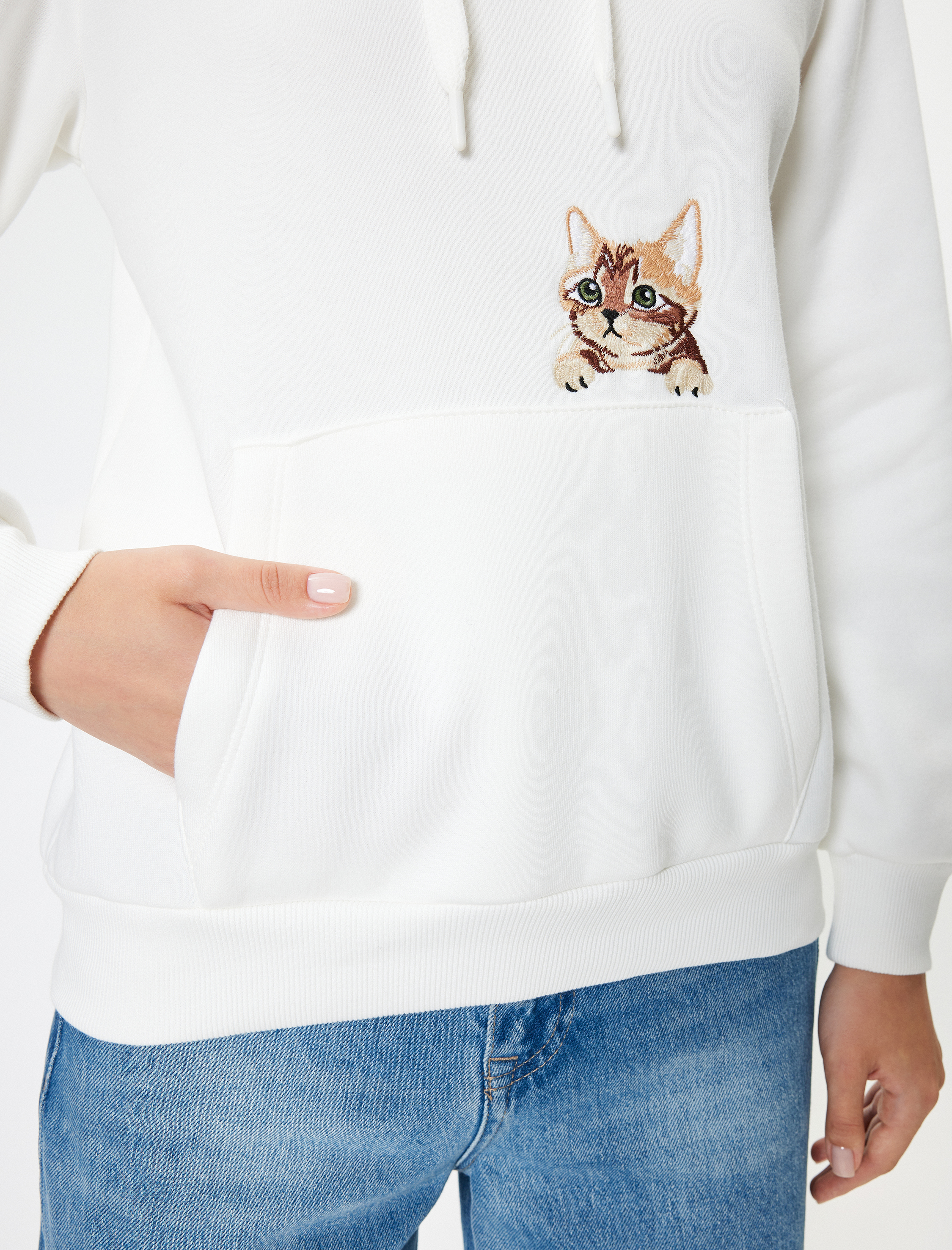   Şardonlu Oversize Kapüşonlu Sweatshirt Cep Detaylı Kedi Nakışlı