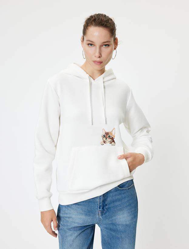 Oversize Kapüşonlu Sweatshirt Cep Detaylı Kedi Nakışlı_0