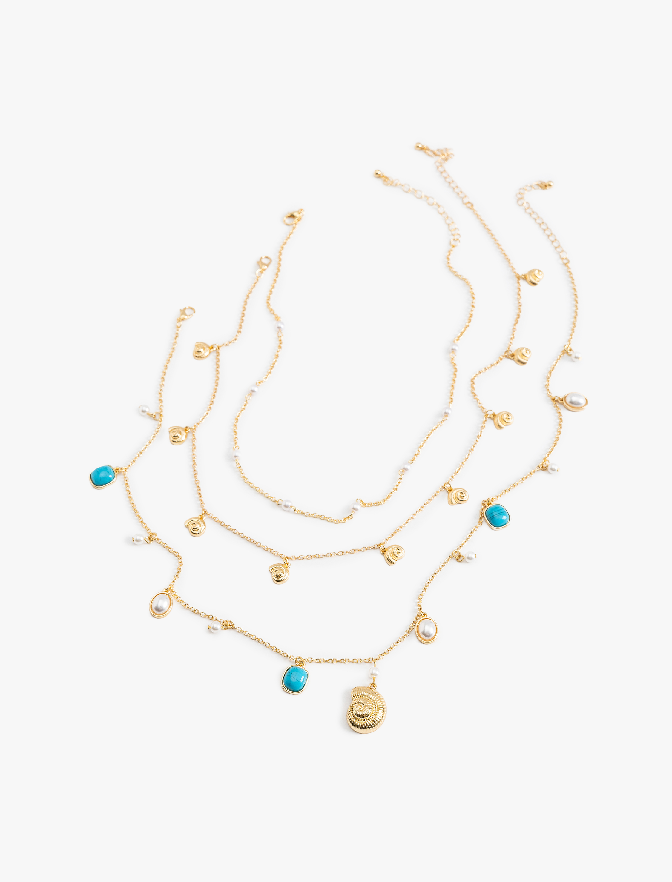  Kadın Üç Sıra Deniz Kabuğu Detaylı Boncuklu Zincir Kolye